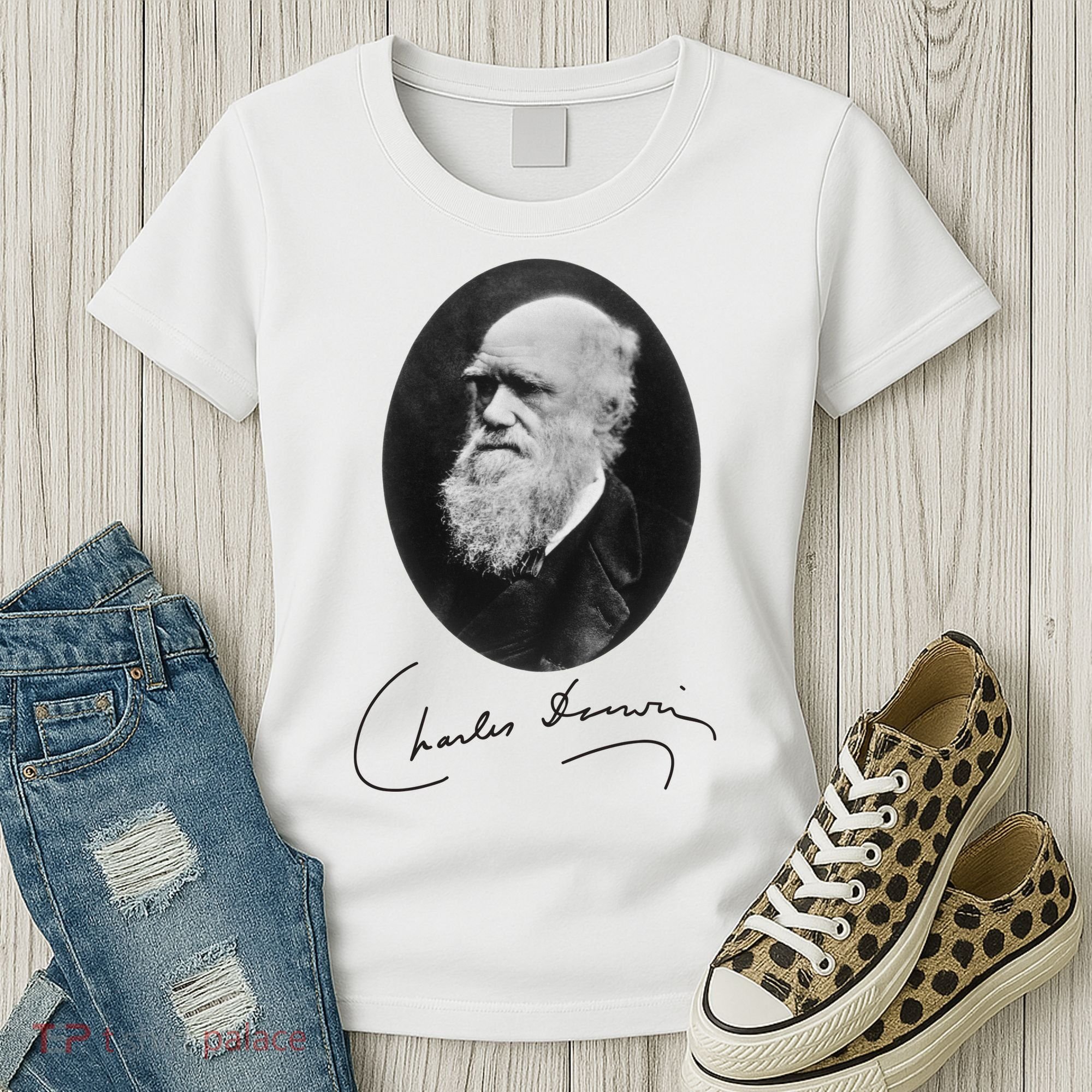 Charles Darwin Portrait Signature Evolution Atheist Science Women's T-Shirt