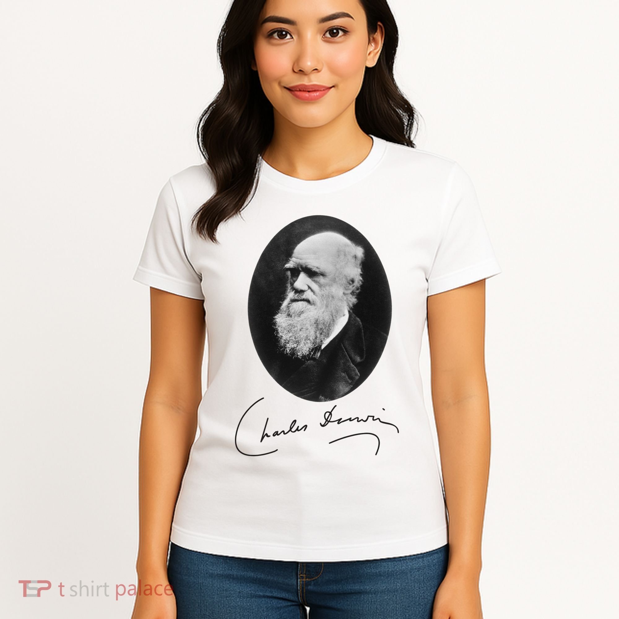 Charles Darwin Portrait Signature Evolution Atheist Science Women's T-Shirt