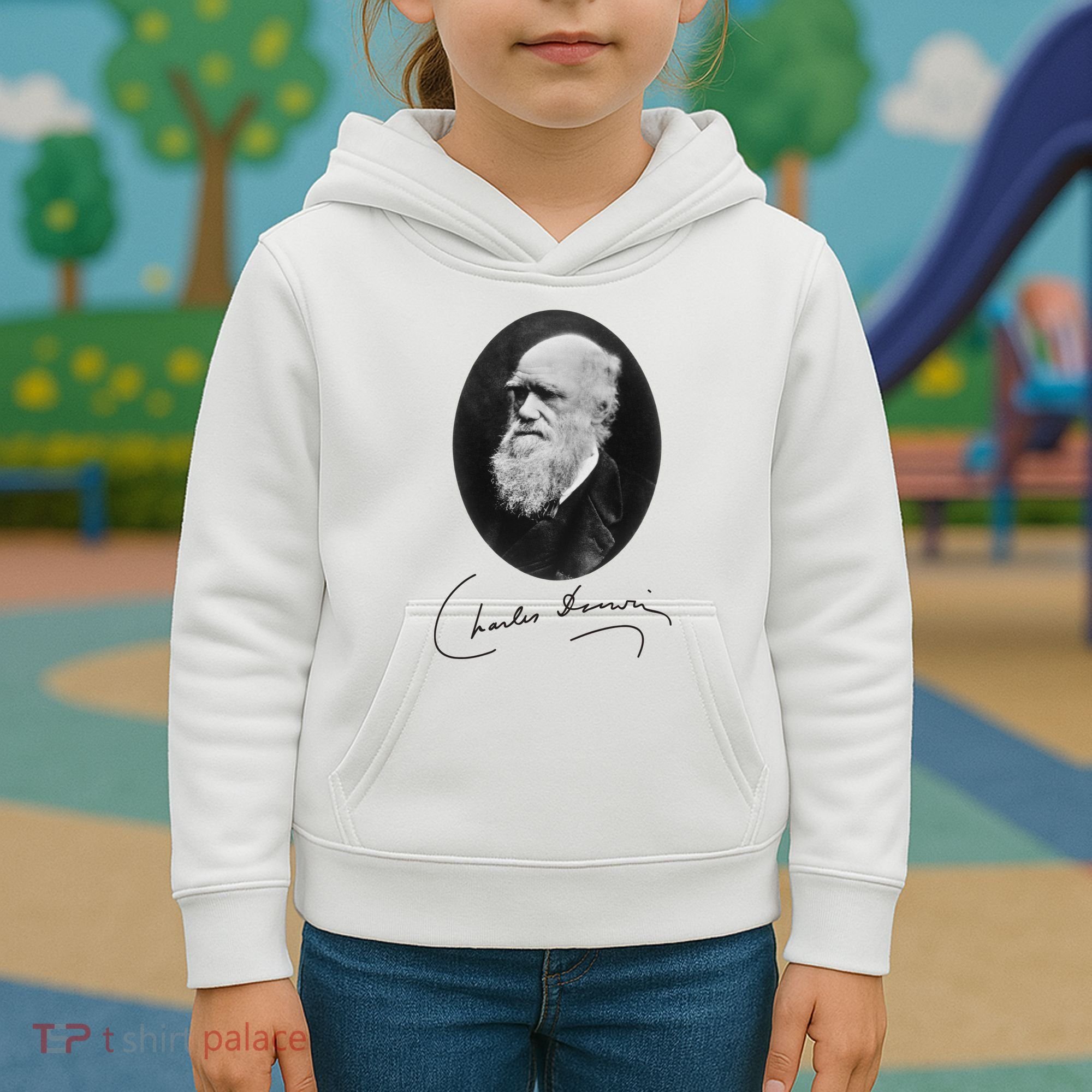 Charles Darwin Portrait Signature Evolution Atheist Science Kids Hoodie