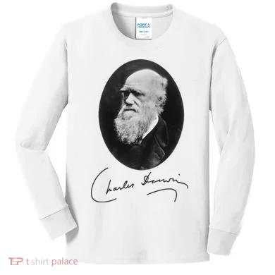Charles Darwin Portrait Signature Evolution Atheist Science Kids Long Sleeve Shirt