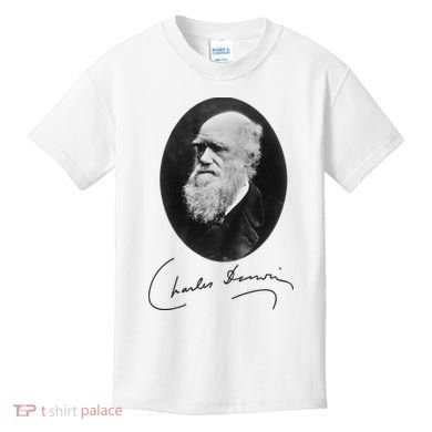 Charles Darwin Portrait Signature Evolution Atheist Science Kids T-Shirt