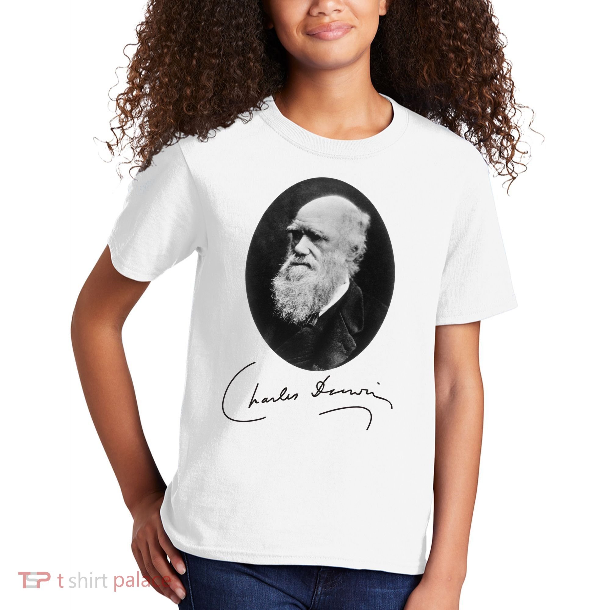 Charles Darwin Portrait Signature Evolution Atheist Science Kids T-Shirt