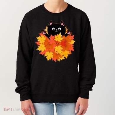 Cute Happy Black Cat Fall Autumn Leaves Women's Sweatshirt