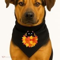 Cute Happy Black Cat Fall Autumn Leaves USA-Made Doggie Bandana thumb 1