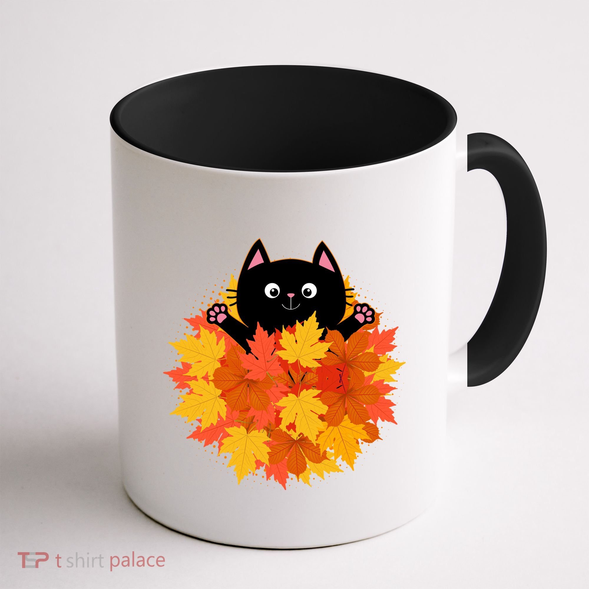 Cute Happy Black Cat Fall Autumn Leaves Coffee Mug