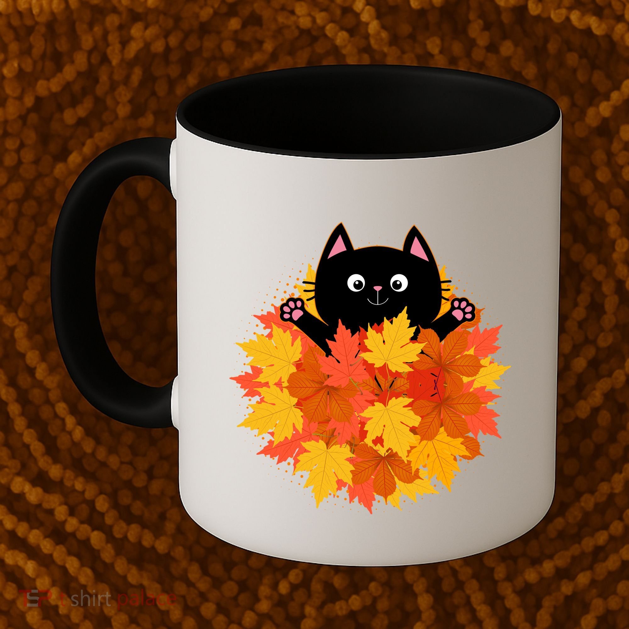 Cute Happy Black Cat Fall Autumn Leaves Coffee Mug