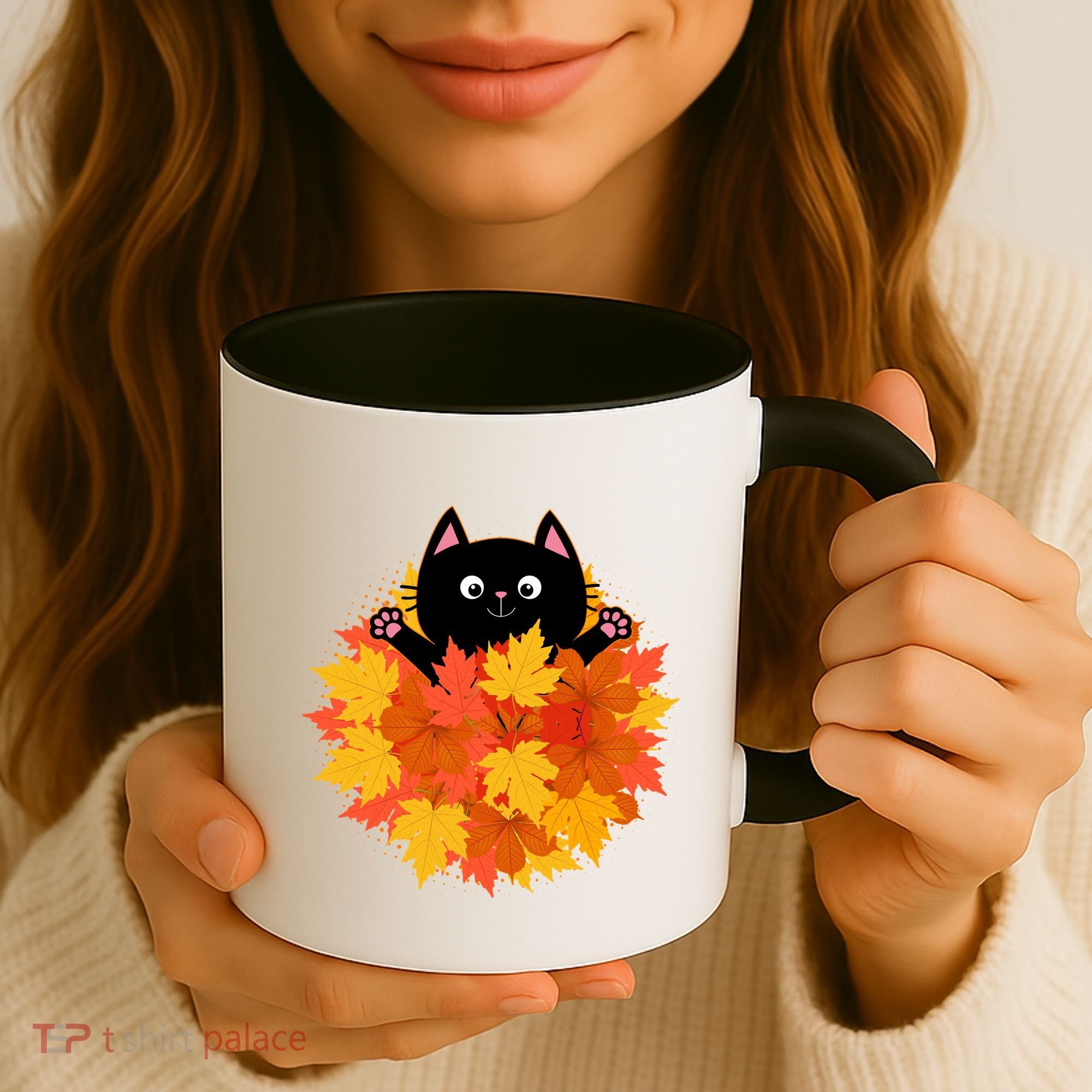 Cute Happy Black Cat Fall Autumn Leaves Coffee Mug