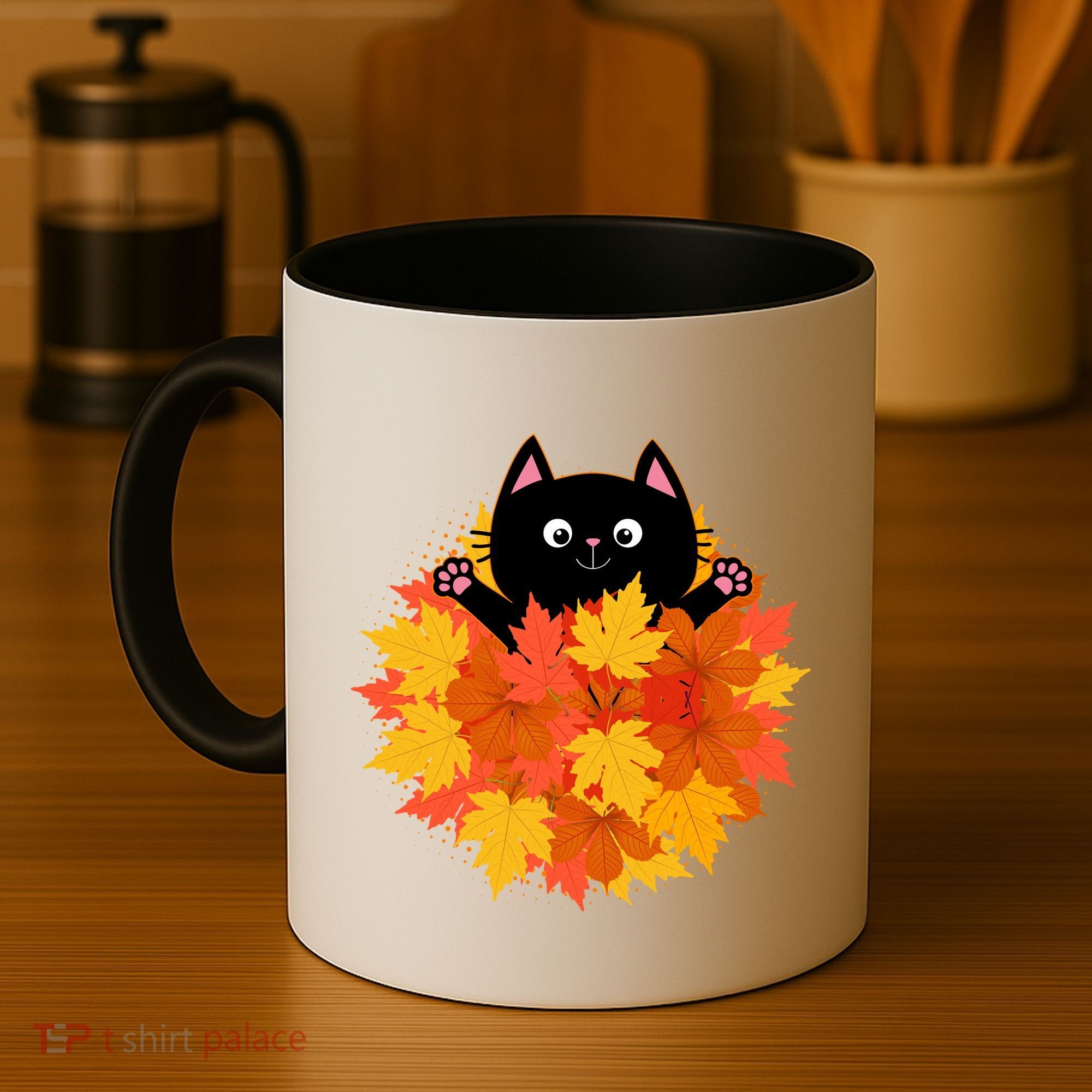 Cute Happy Black Cat Fall Autumn Leaves Coffee Mug