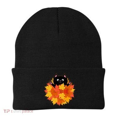 Cute Happy Black Cat Fall Autumn Leaves Beanie