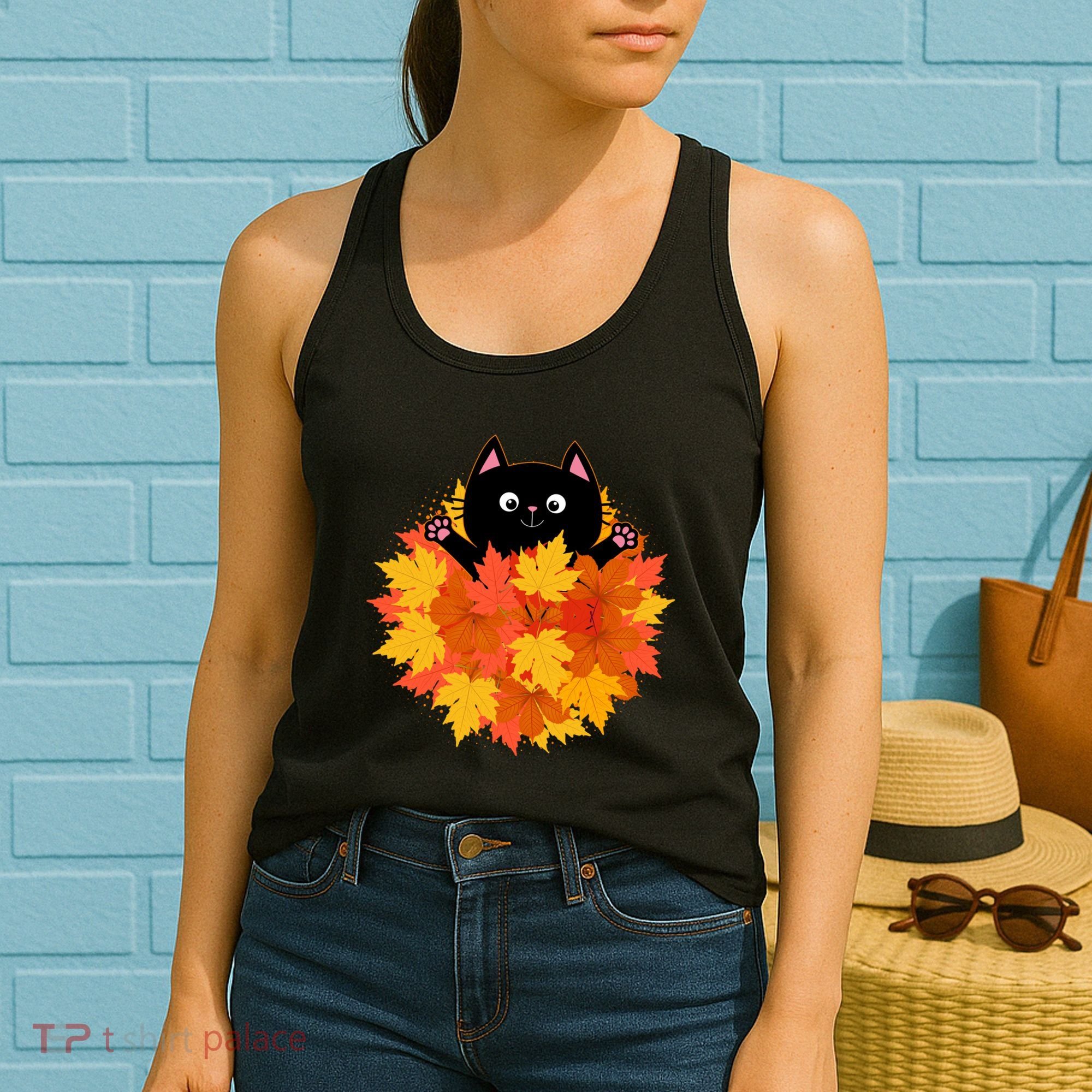 Cute Happy Black Cat Fall Autumn Leaves Women's Tank Top