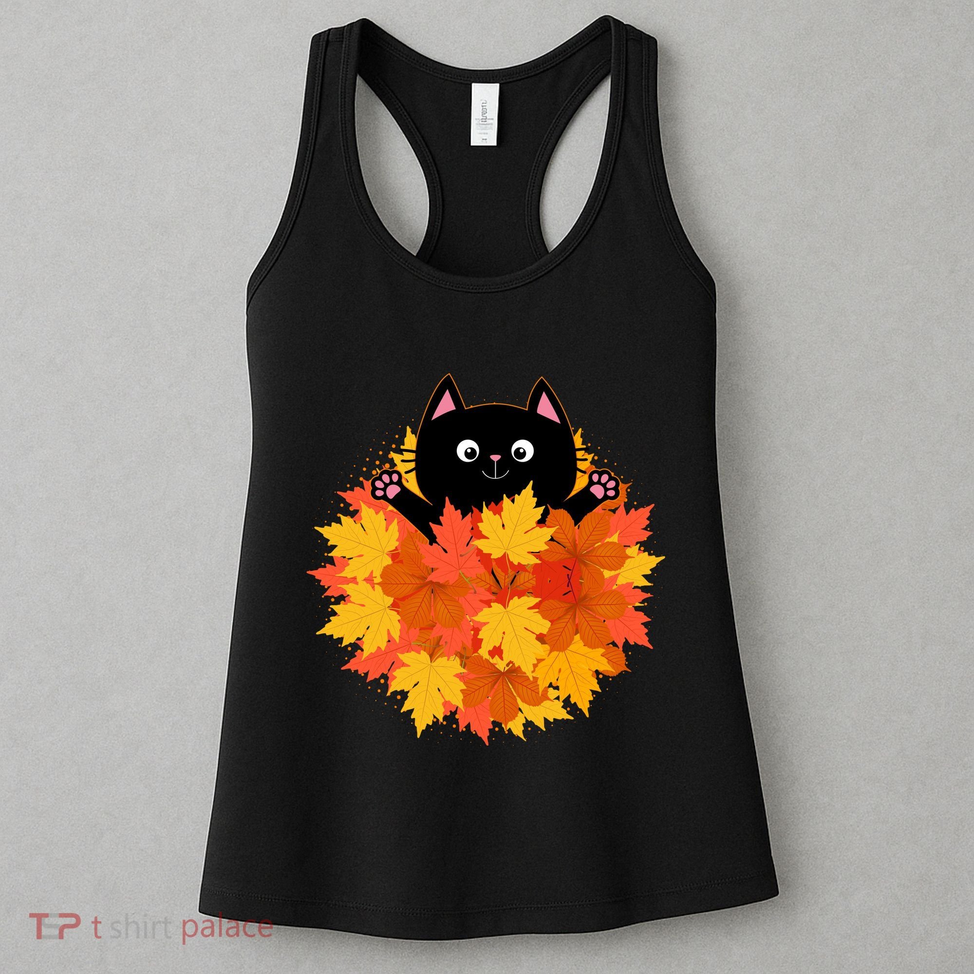 Cute Happy Black Cat Fall Autumn Leaves Women's Tank Top