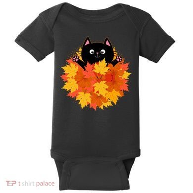 Cute Happy Black Cat Fall Autumn Leaves Baby Bodysuit