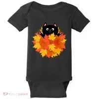 Cute Happy Black Cat Fall Autumn Leaves Baby Bodysuit thumb 0