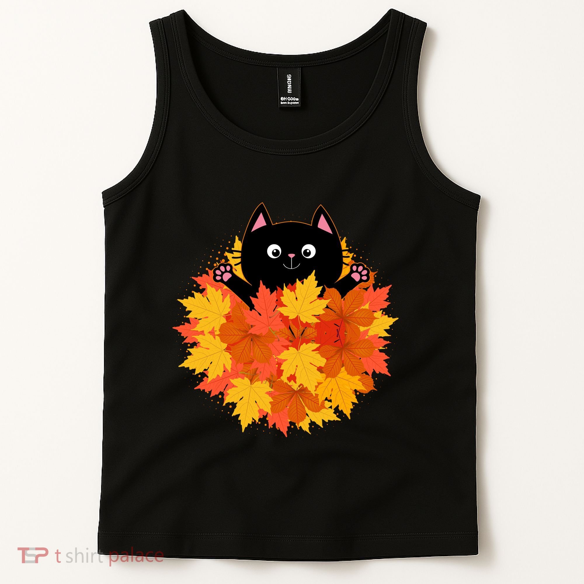 Cute Happy Black Cat Fall Autumn Leaves Tank Top