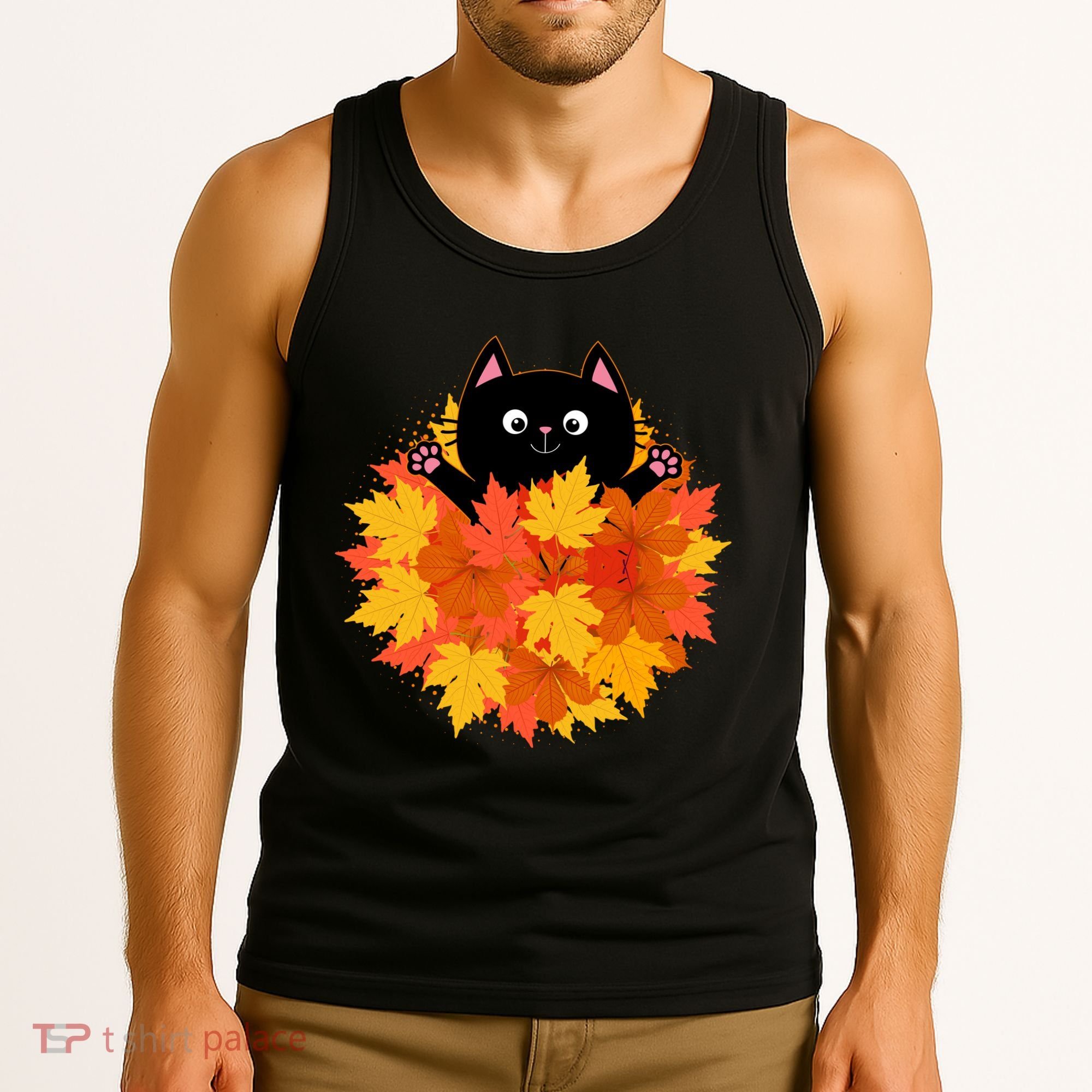 Cute Happy Black Cat Fall Autumn Leaves Tank Top