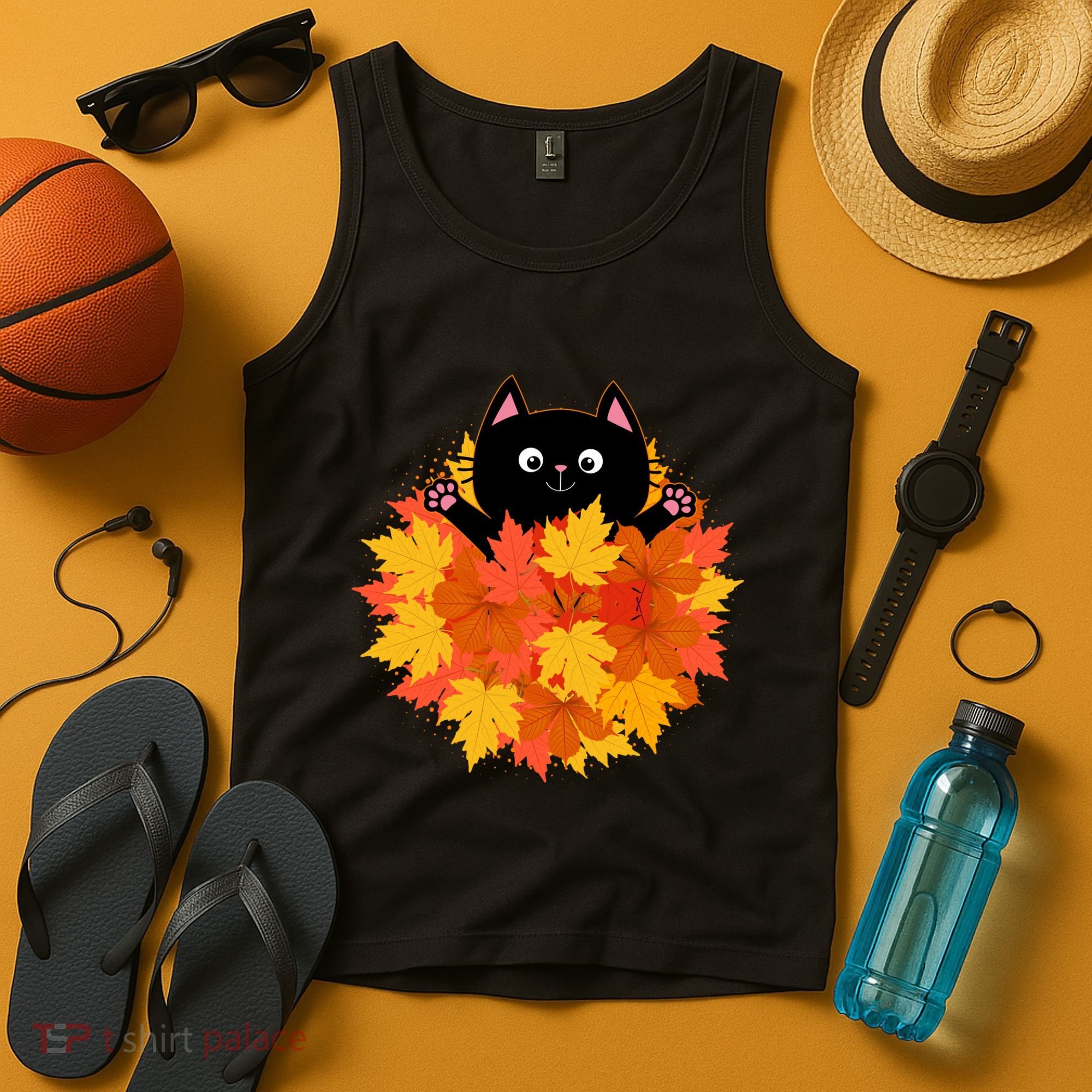 Cute Happy Black Cat Fall Autumn Leaves Tank Top