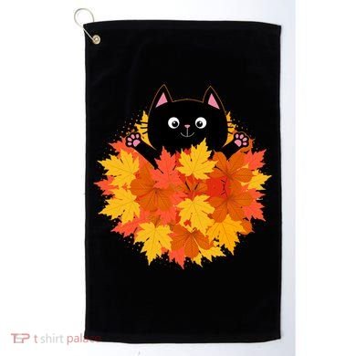 Cute Happy Black Cat Fall Autumn Leaves Golf Towel
