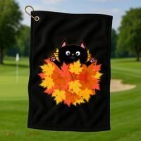 Cute Happy Black Cat Fall Autumn Leaves Golf Towel thumb 1
