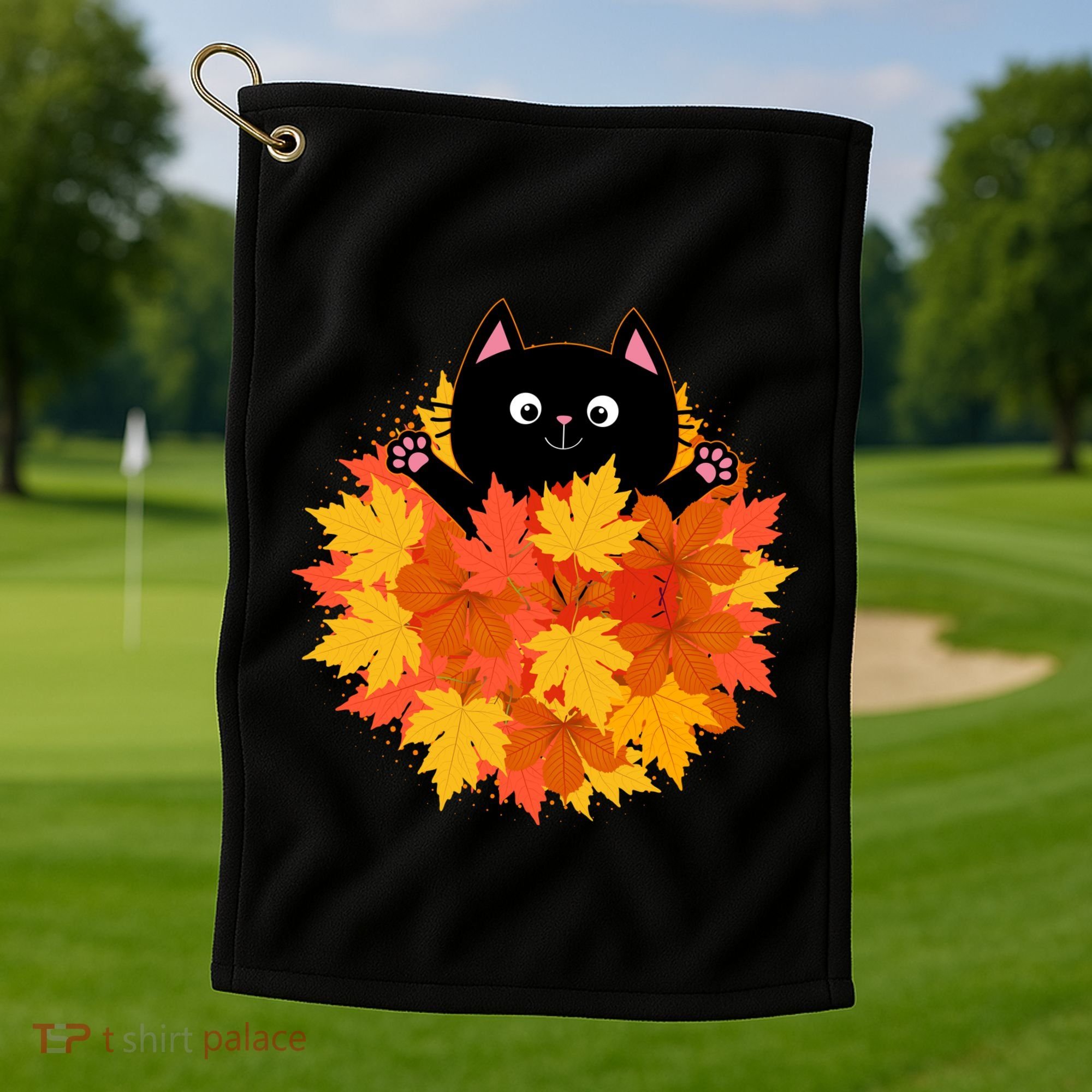 Cute Happy Black Cat Fall Autumn Leaves Golf Towel