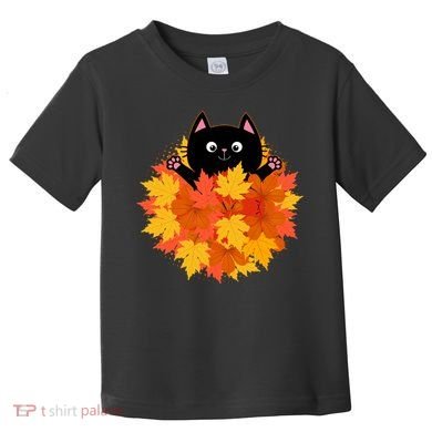 Cute Happy Black Cat Fall Autumn Leaves Toddler T-Shirt