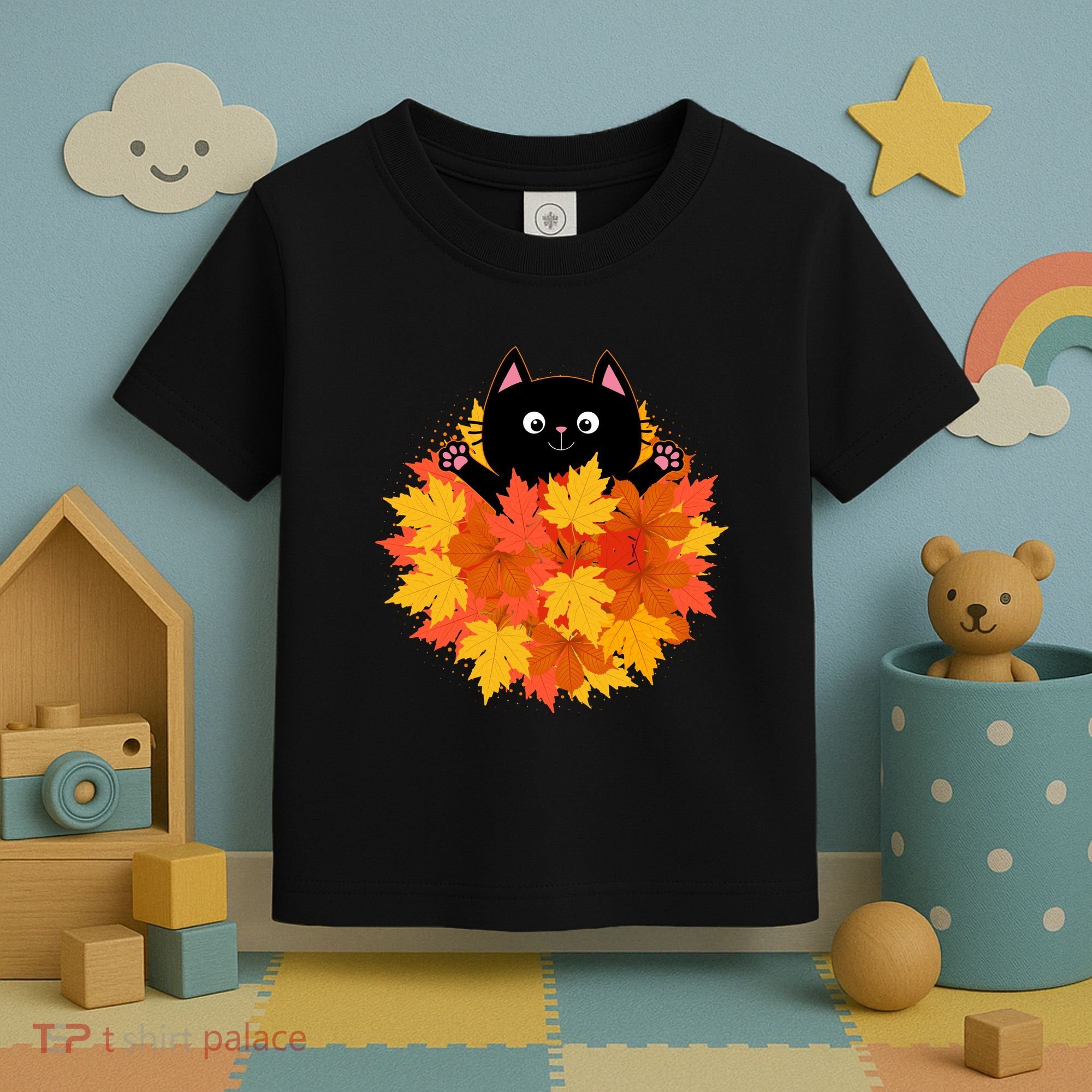 Cute Happy Black Cat Fall Autumn Leaves Toddler T-Shirt