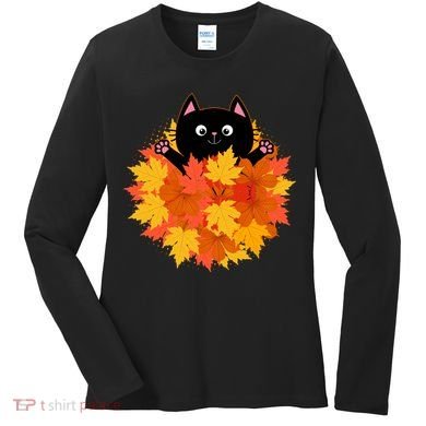Cute Happy Black Cat Fall Autumn Leaves Women's Long Sleeve Shirt