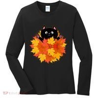 Cute Happy Black Cat Fall Autumn Leaves Women's Long Sleeve Shirt thumb 0