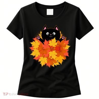 Cute Happy Black Cat Fall Autumn Leaves Women's T-Shirt