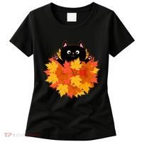 Cute Happy Black Cat Fall Autumn Leaves Women's T-Shirt thumb 0