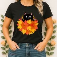 Cute Happy Black Cat Fall Autumn Leaves Women's T-Shirt thumb 2