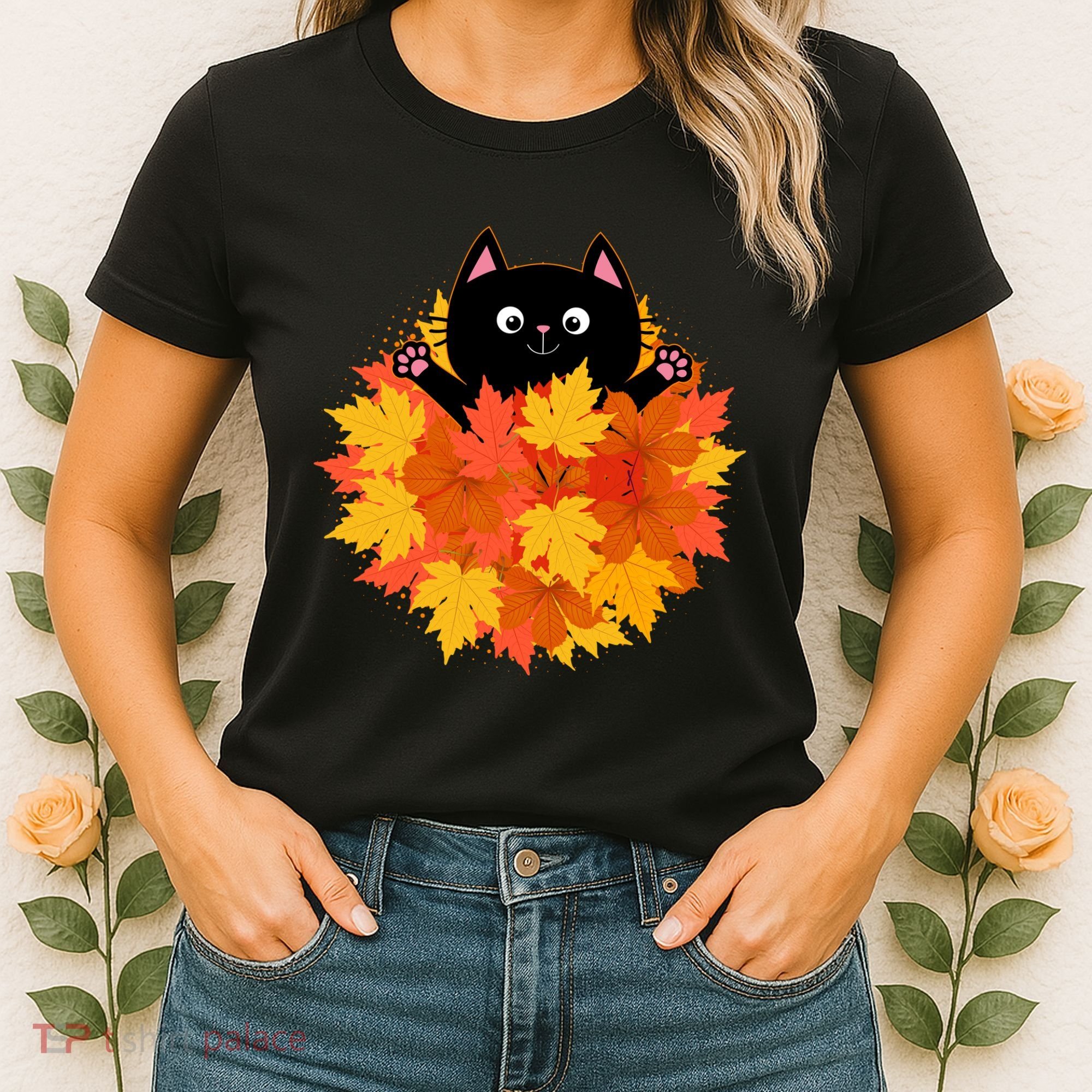 Cute Happy Black Cat Fall Autumn Leaves Women's T-Shirt