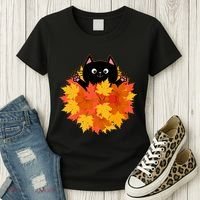 Cute Happy Black Cat Fall Autumn Leaves Women's T-Shirt thumb 3