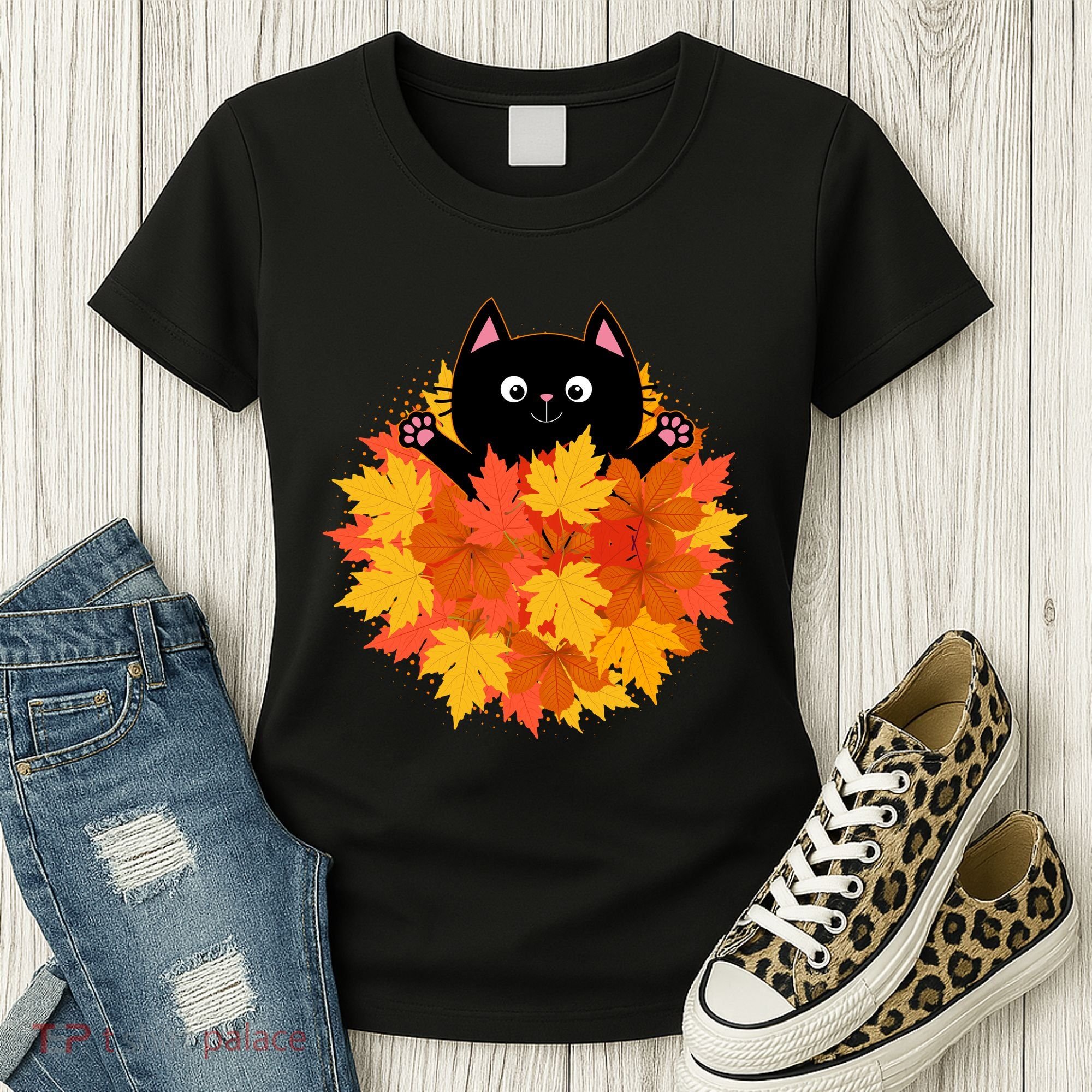 Cute Happy Black Cat Fall Autumn Leaves Women's T-Shirt