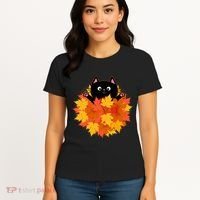 Cute Happy Black Cat Fall Autumn Leaves Women's T-Shirt thumb 4