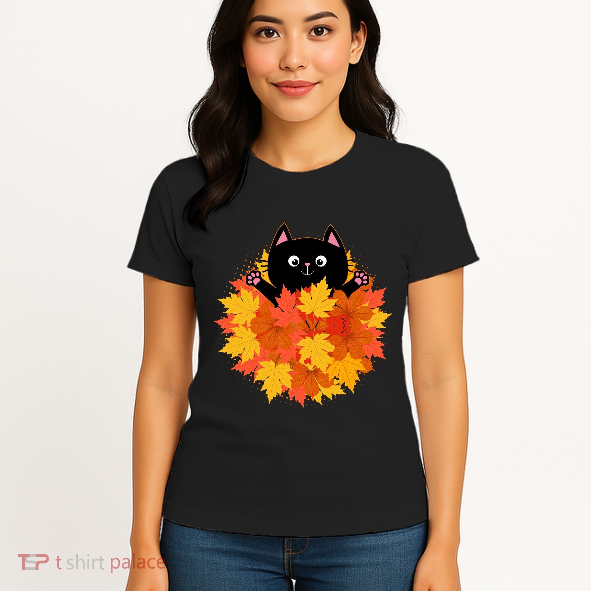 Cute Happy Black Cat Fall Autumn Leaves Women's T-Shirt