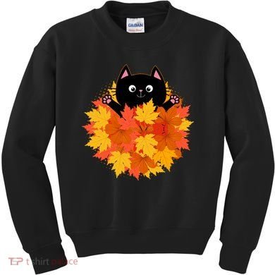 Cute Happy Black Cat Fall Autumn Leaves Kids Sweatshirt