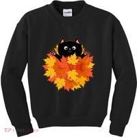 Cute Happy Black Cat Fall Autumn Leaves Kids Sweatshirt thumb 0