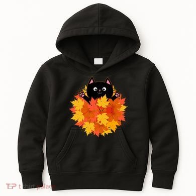 Cute Happy Black Cat Fall Autumn Leaves Kids Hoodie