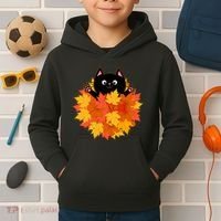 Cute Happy Black Cat Fall Autumn Leaves Kids Hoodie thumb 2