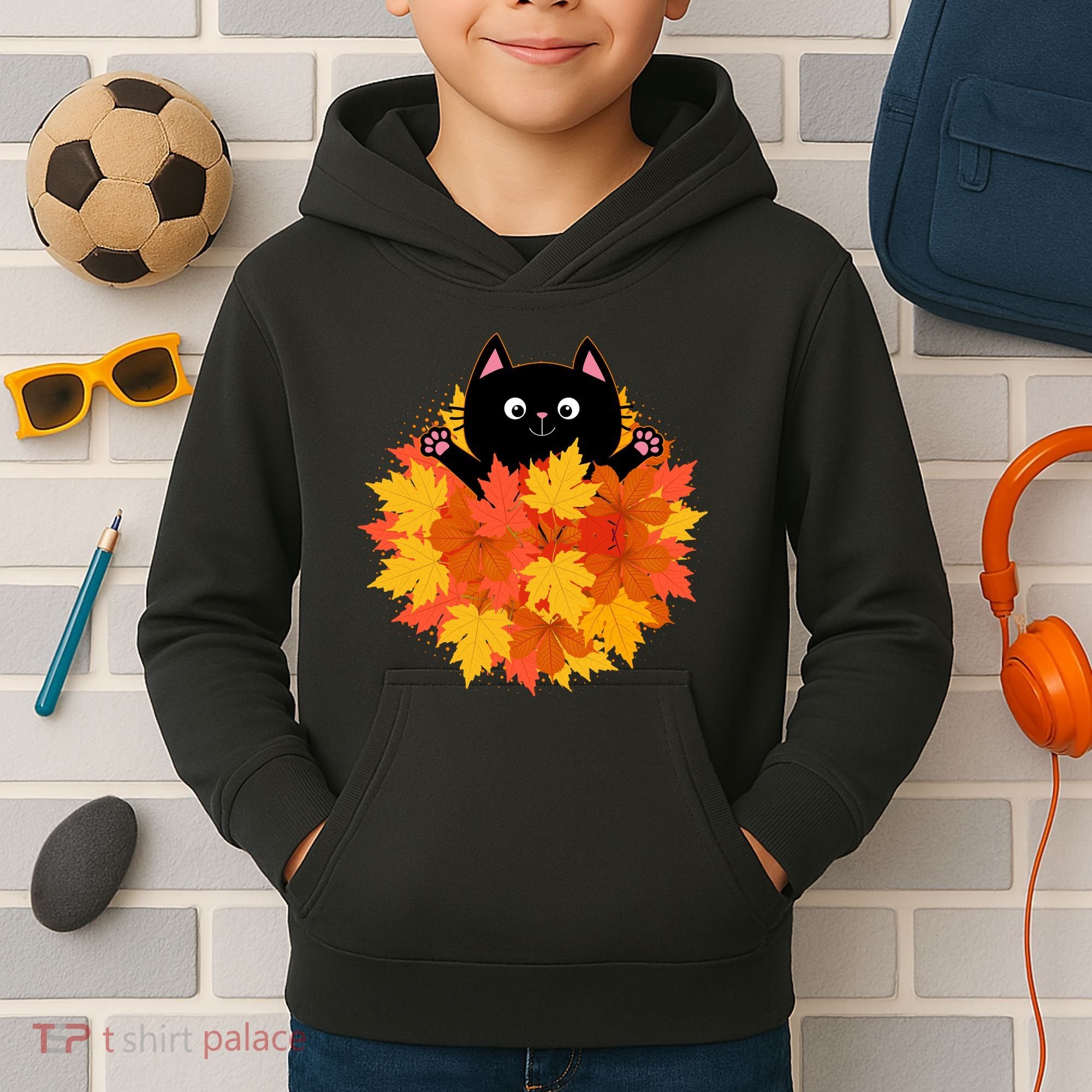Cute Happy Black Cat Fall Autumn Leaves Kids Hoodie
