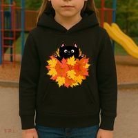 Cute Happy Black Cat Fall Autumn Leaves Kids Hoodie thumb 3