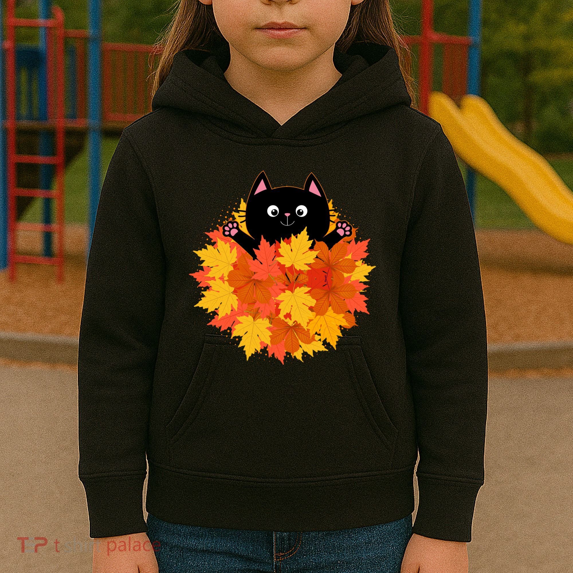 Cute Happy Black Cat Fall Autumn Leaves Kids Hoodie
