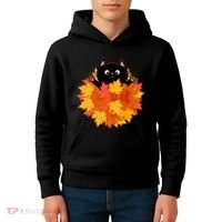 Cute Happy Black Cat Fall Autumn Leaves Kids Hoodie thumb 4