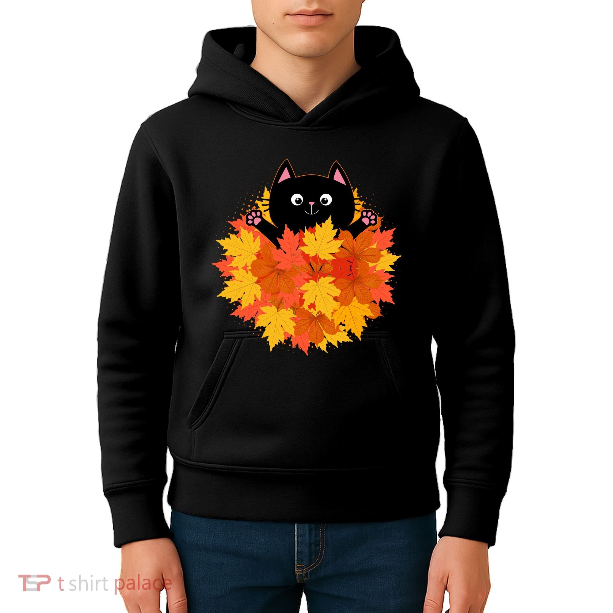 Cute Happy Black Cat Fall Autumn Leaves Kids Hoodie