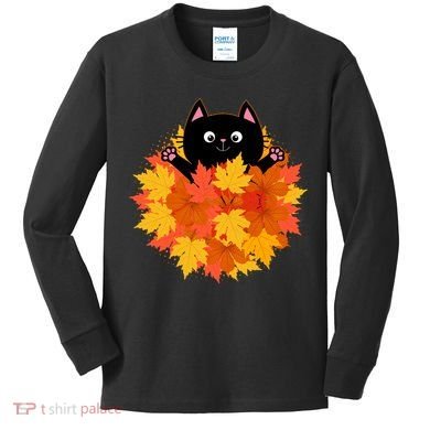 Cute Happy Black Cat Fall Autumn Leaves Kids Long Sleeve Shirt