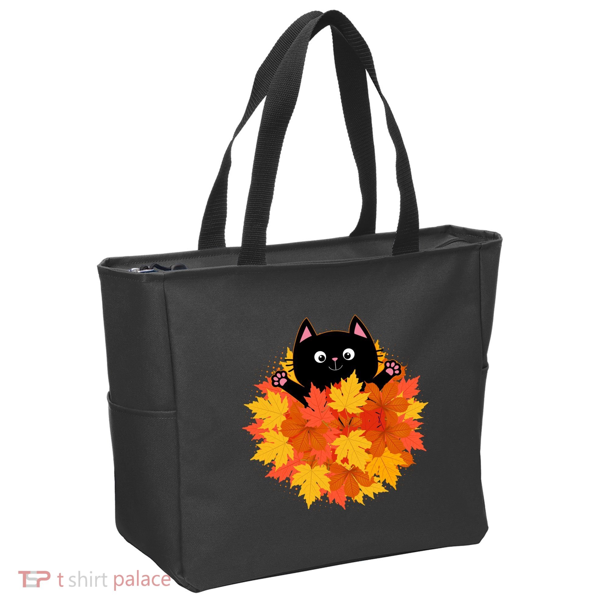Cute Happy Black Cat Fall Autumn Leaves Tote Bag