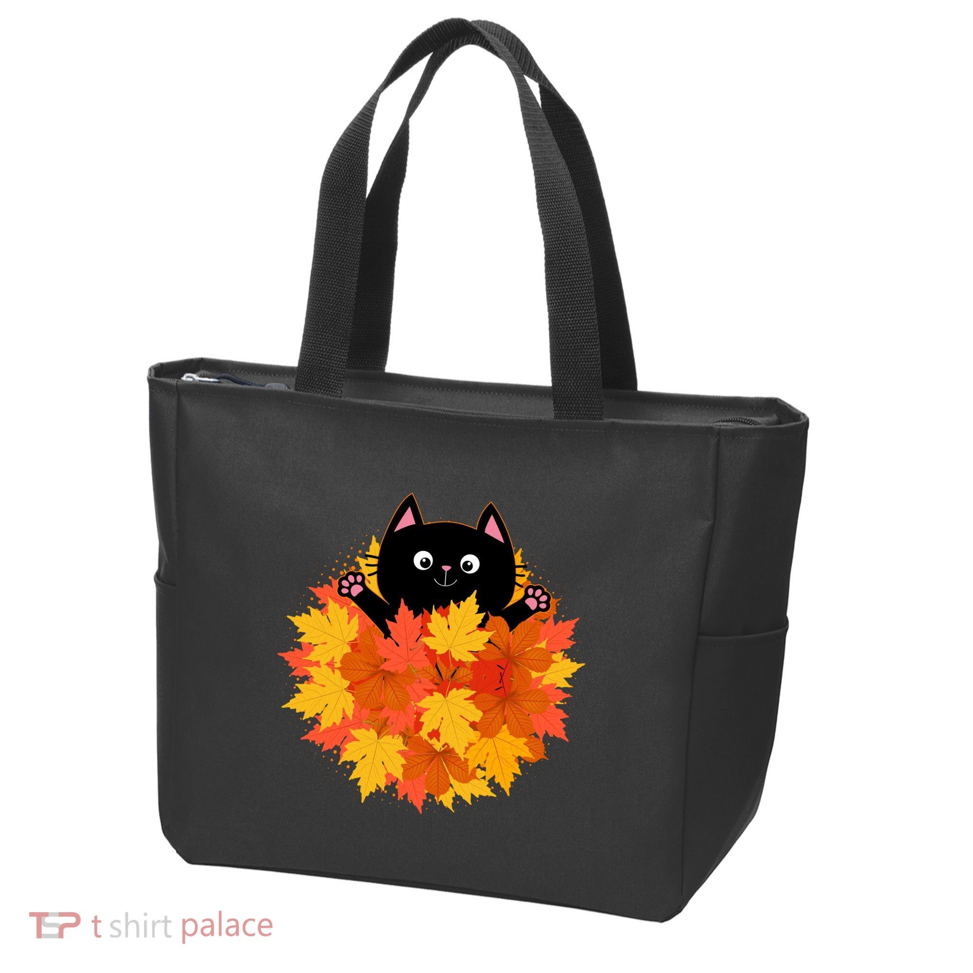 Cute Happy Black Cat Fall Autumn Leaves Tote Bag