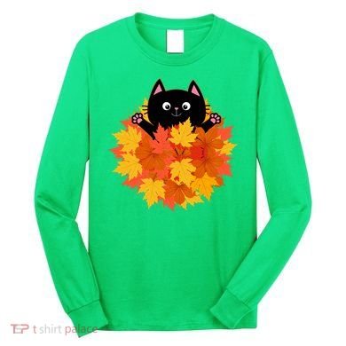 Cute Happy Black Cat Fall Autumn Leaves Long Sleeve Shirt
