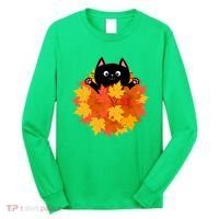 Cute Happy Black Cat Fall Autumn Leaves Long Sleeve Shirt thumb 0
