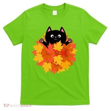 Cute Happy Black Cat Fall Autumn Leaves T-Shirt
